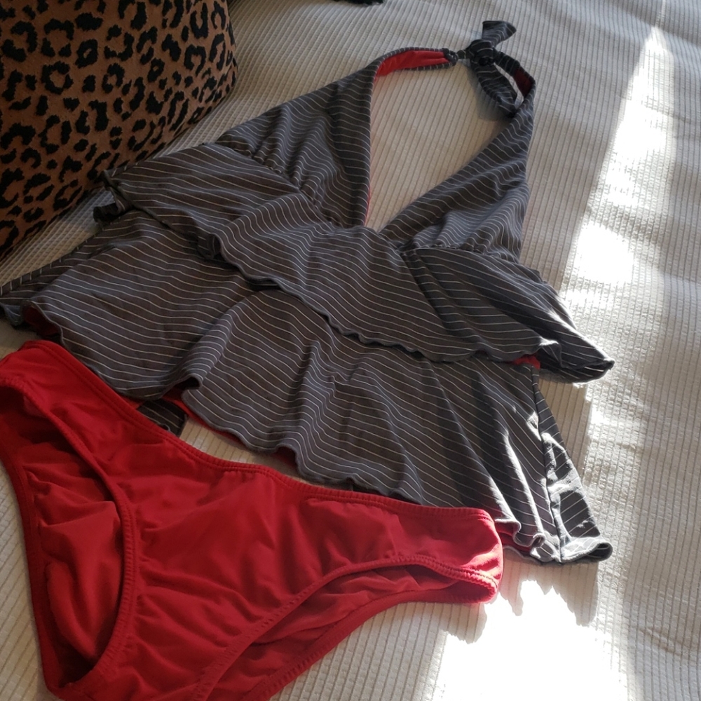 Grey and red two piece bathing suit